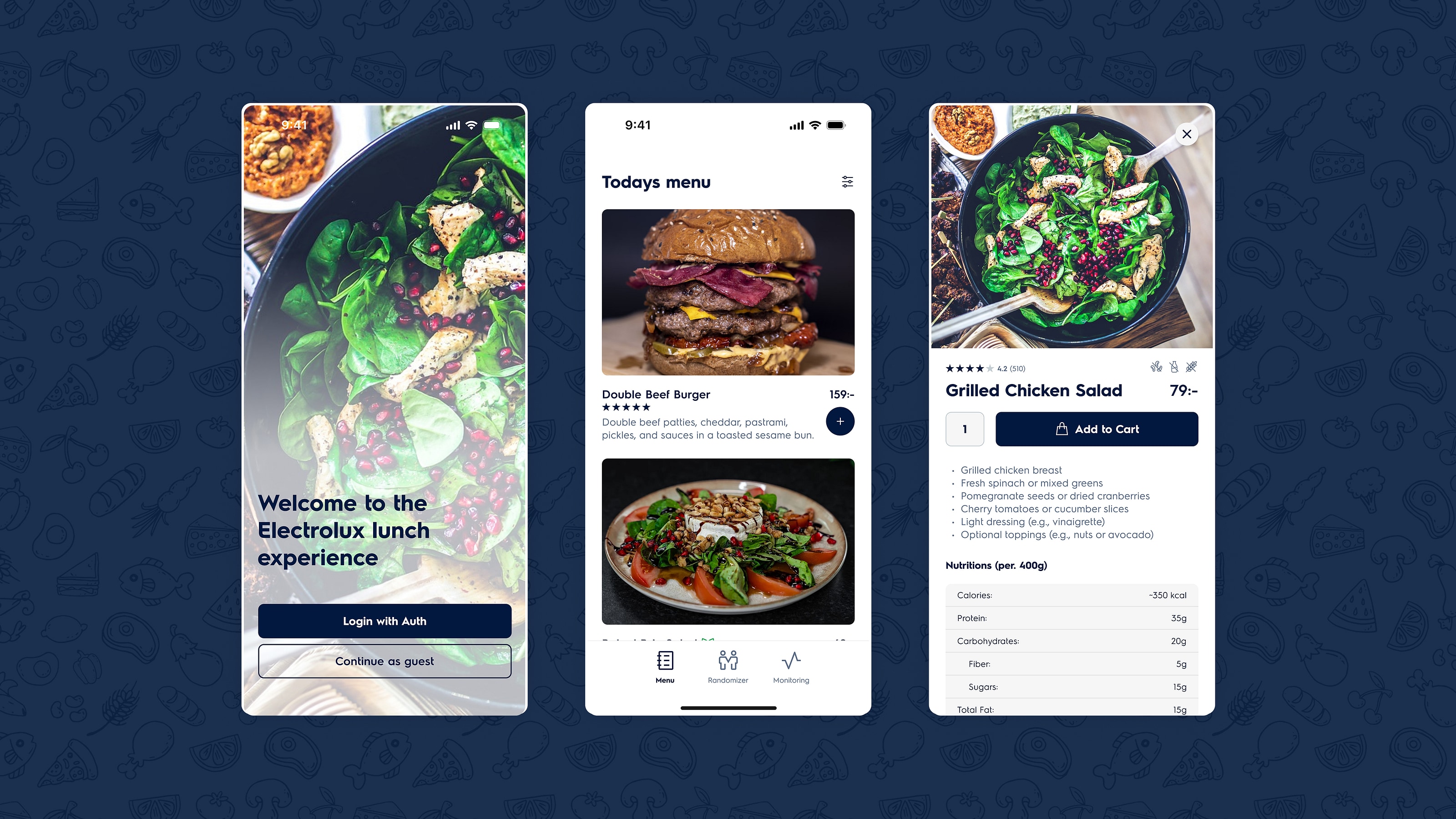 Lunch app 'Today's menu' screen shown on iPhone alongside fresh ingredients: tomatoes, pasta, herbs, flour.