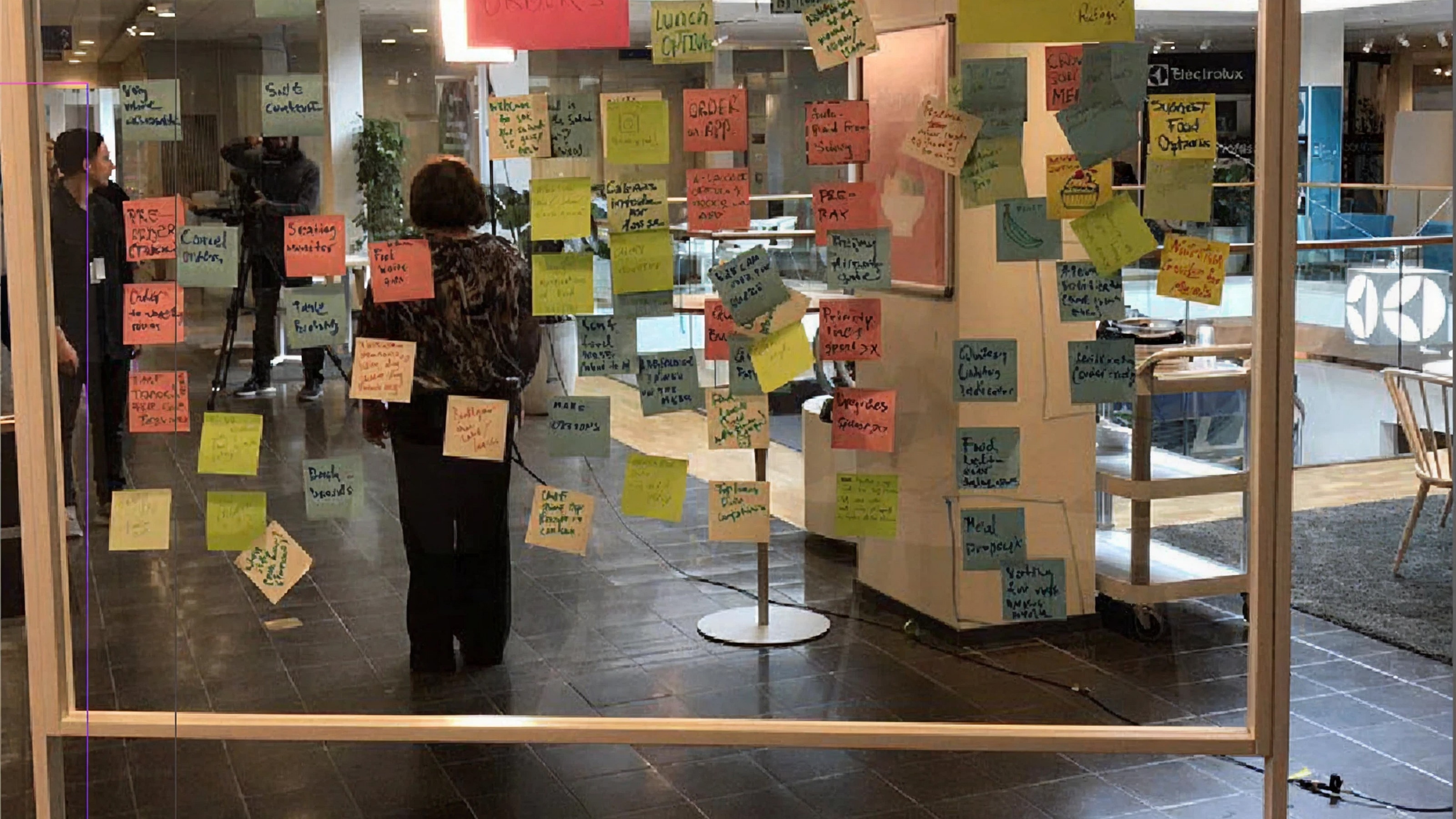 Ideation wall: sticky-note mapping of user journeys, order flow, pain points and opportunities.