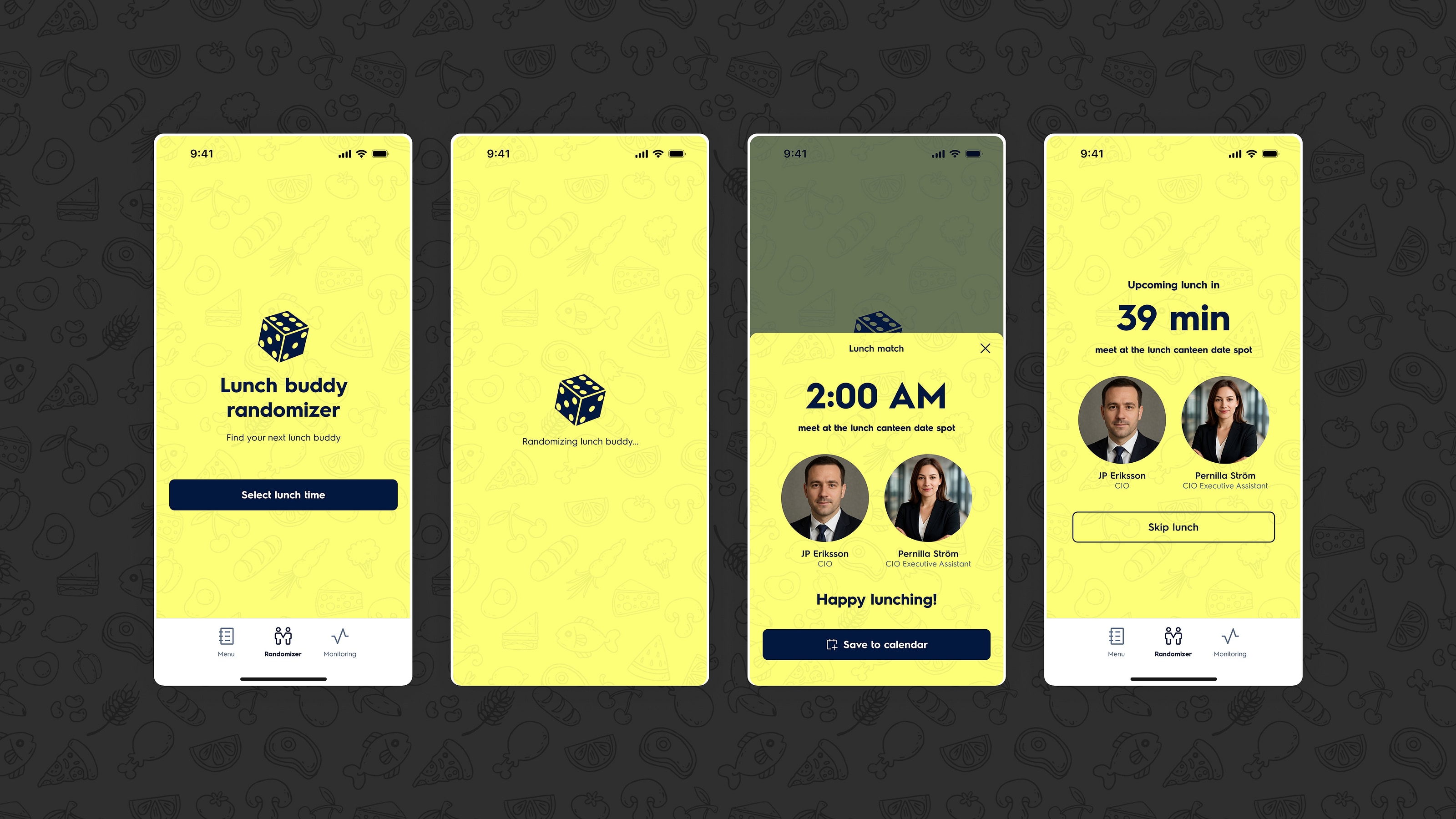 Day 3 shipped concept: slot-first flow with the Lunch Buddy randomiser, rebuilt in under 24 hours after testing.