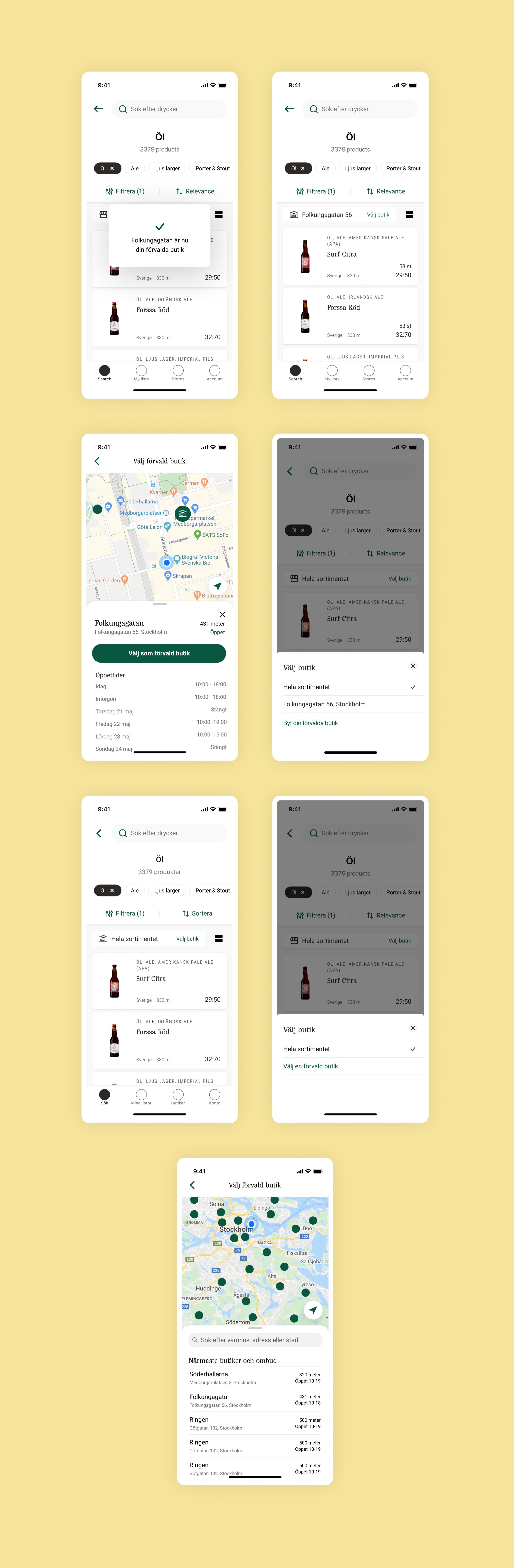 Store selection and filtering flows showing how users find and switch their preferred Systembolaget location, including map view, store detail sheet, and category filtering.