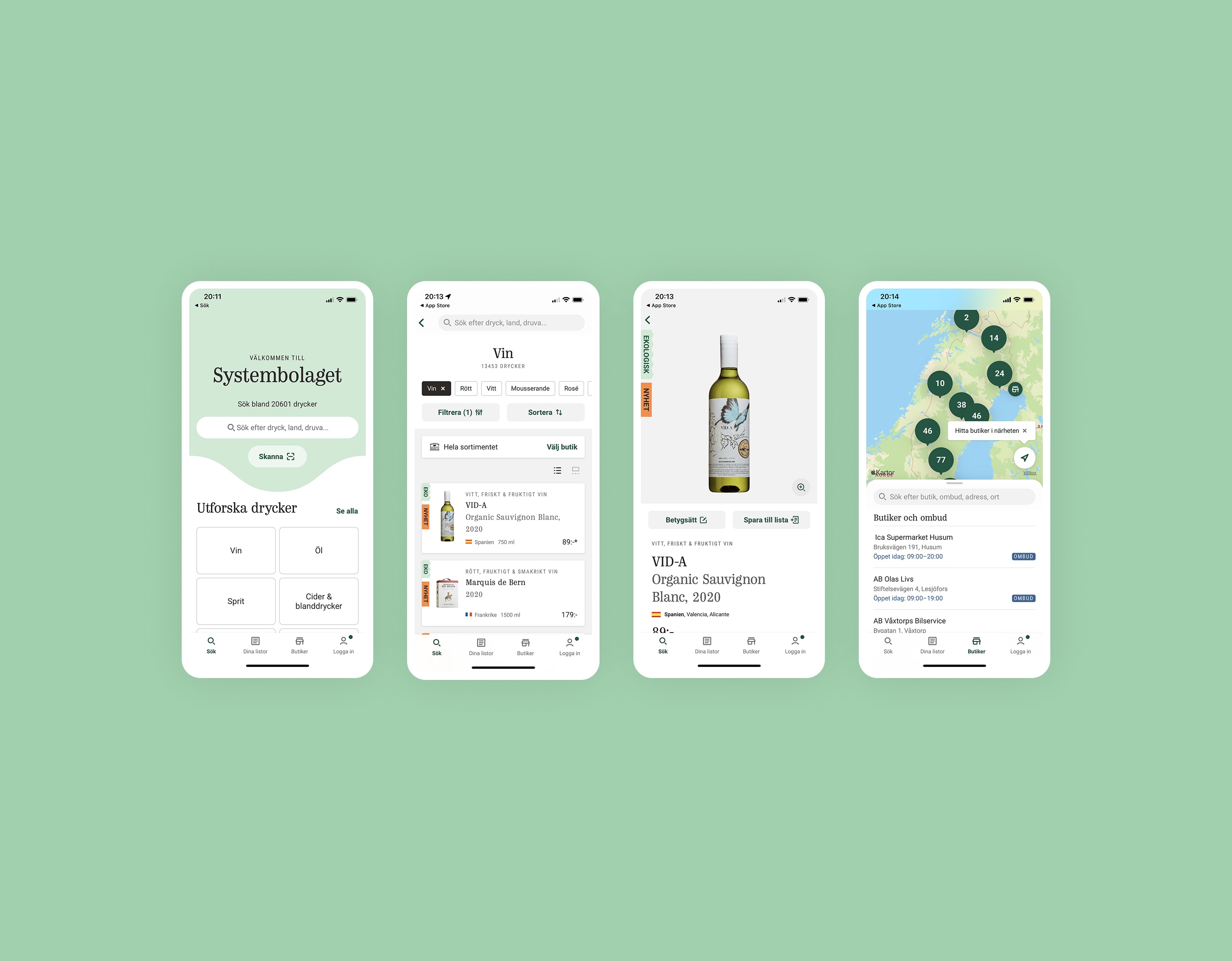 Four-screen overview of the redesigned Systembolaget app: home with search and categories, filtered wine browse list, organic product detail page, and store locator map.