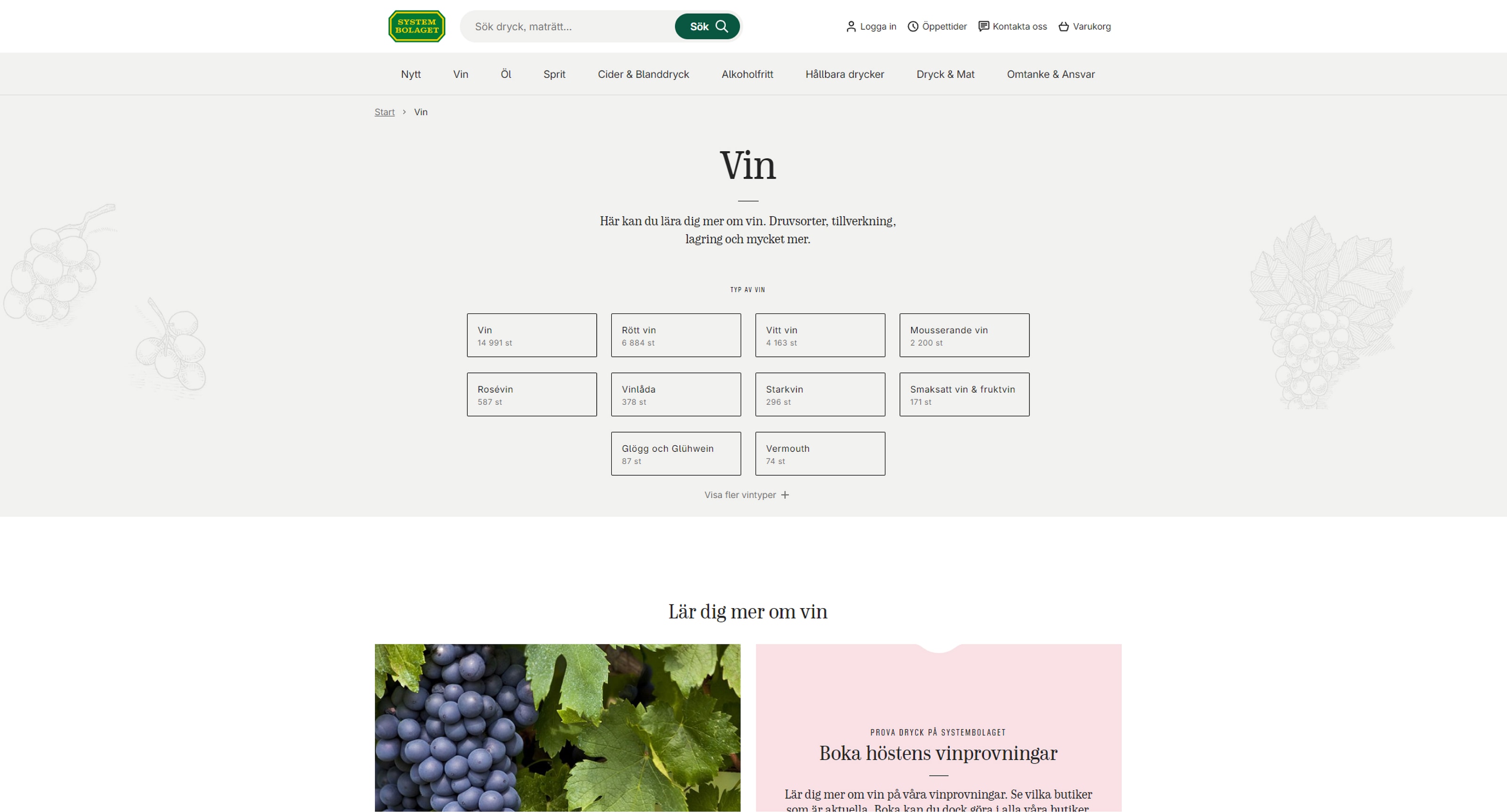 Redesigned category page for Vin showing subcategories, product counts, and editorial discovery content.