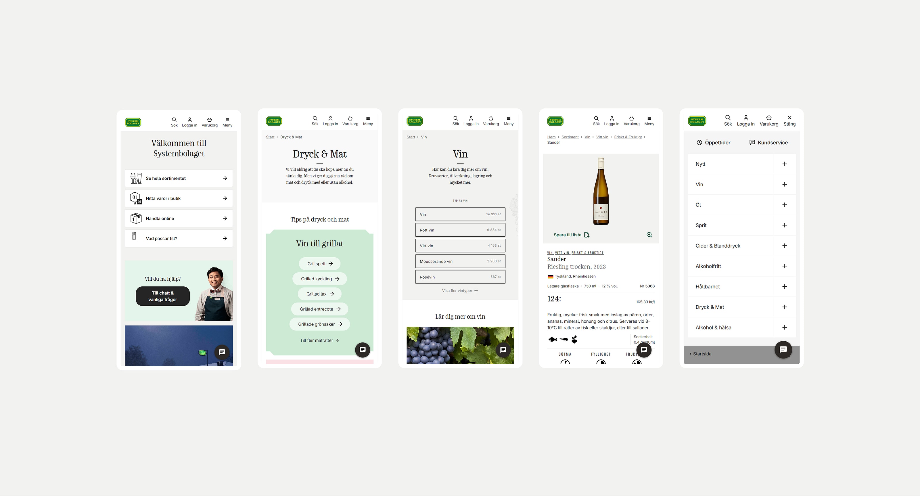 The redesigned Systembolaget mobile experience across five screens — home, Dryck och Mat, category browsing, product detail, and navigation.