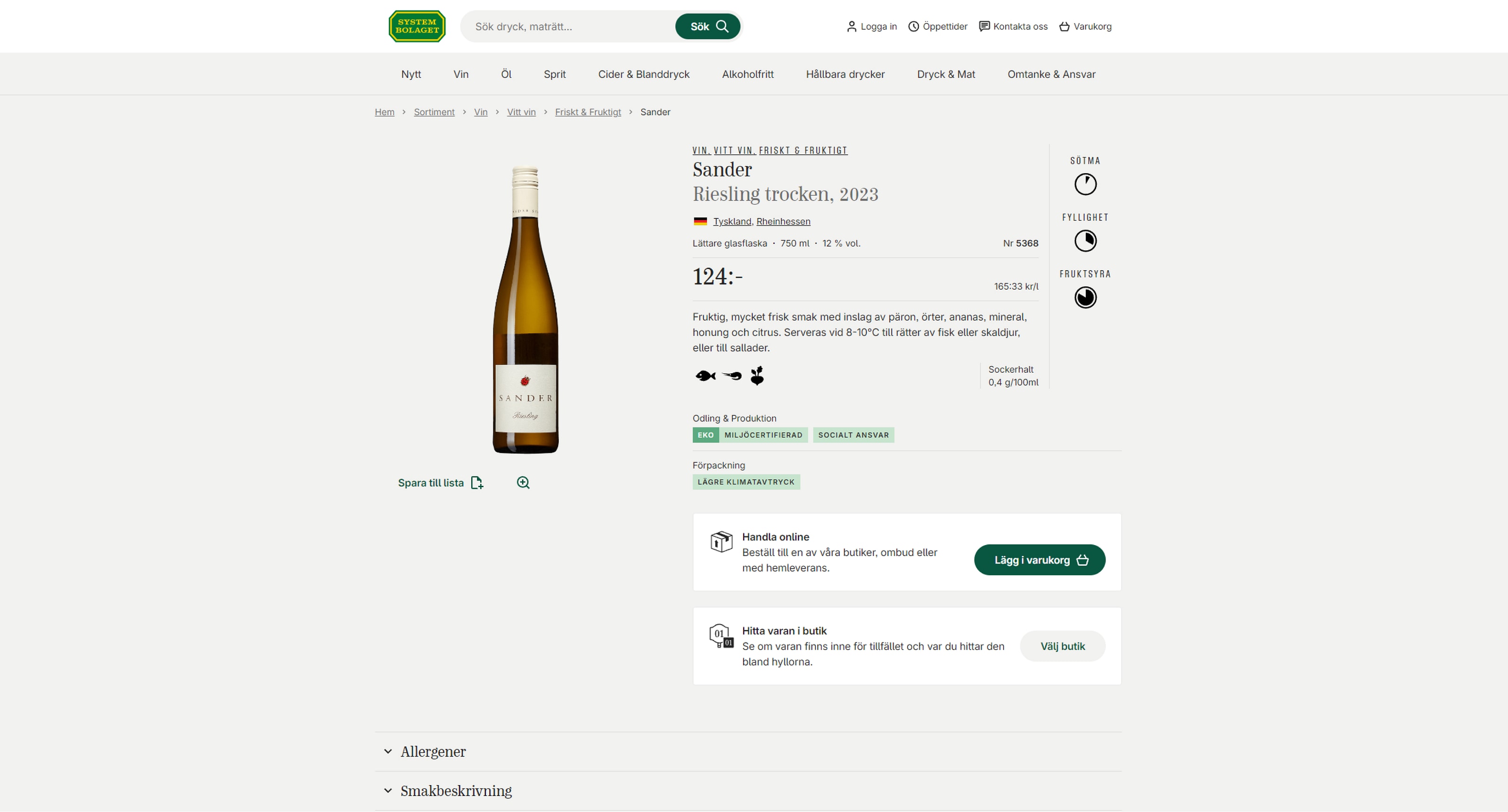 Redesigned product detail page for Sander Riesling trocken, showing tasting notes, sustainability labels, and omni-channel purchase options.